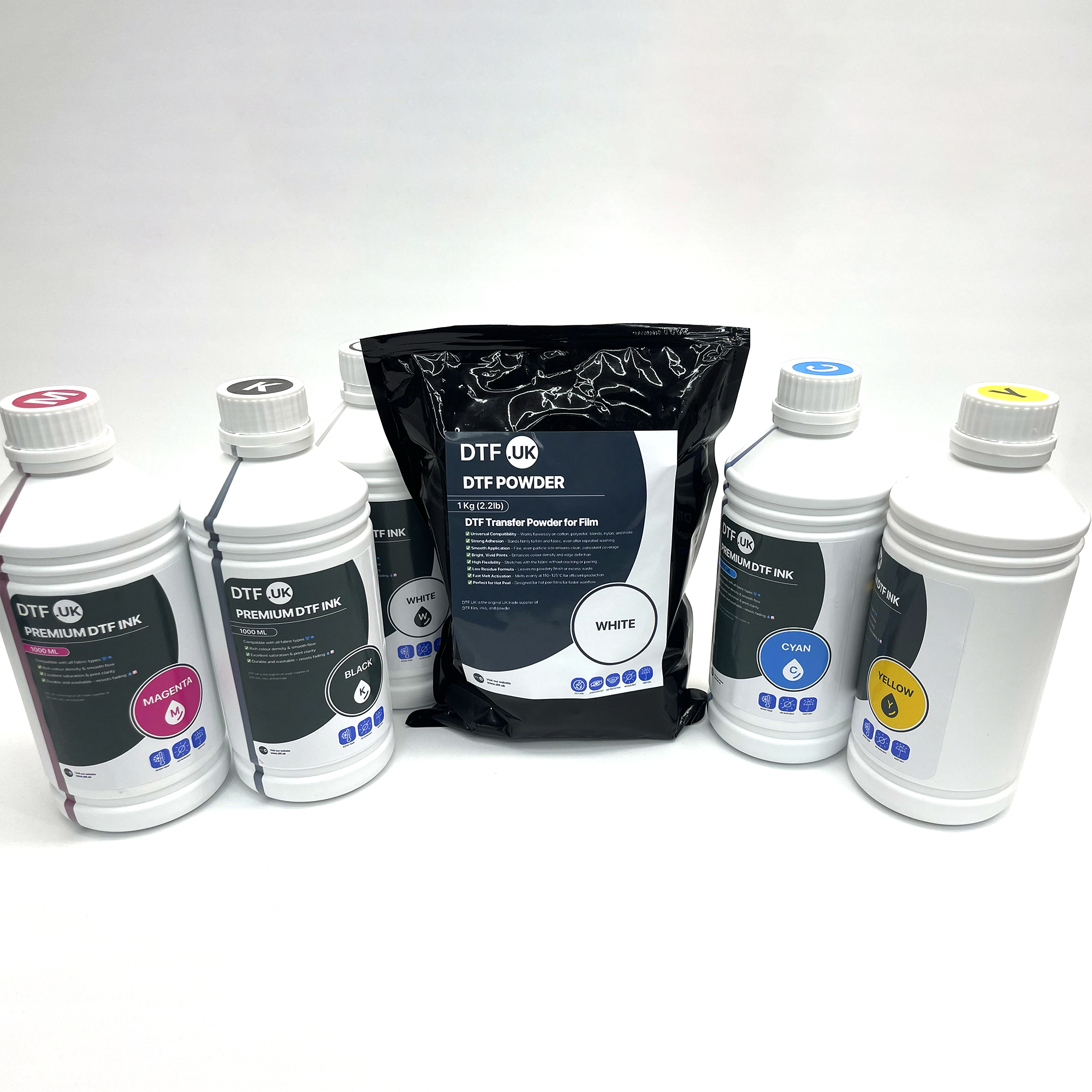 DTF Inks & Powder Bundle – White + CMYK (5 x 1L) + 2kg Adhesive