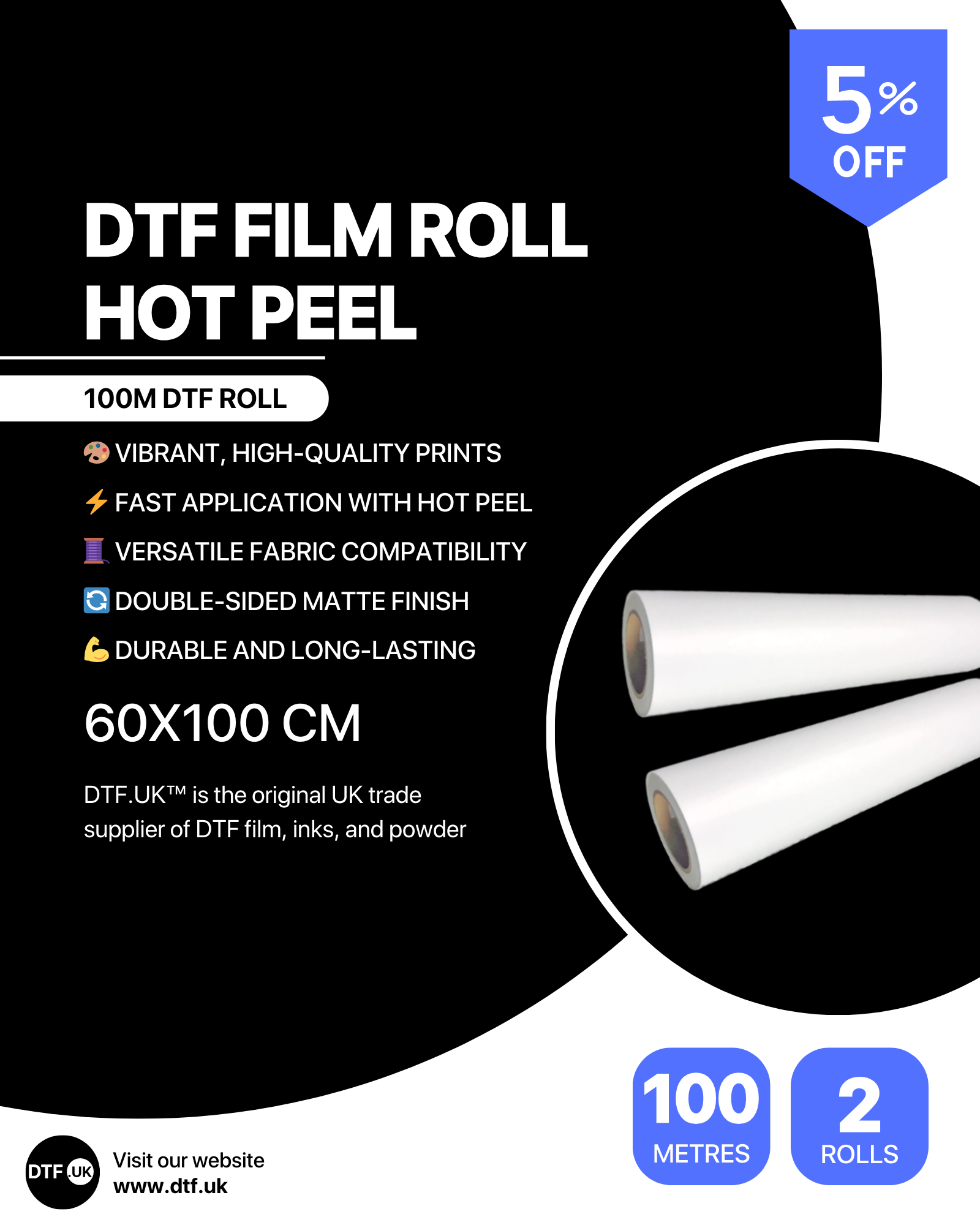 Bundle of 2 DTF Film Rolls – Hot Peel | 60 × 100 cm