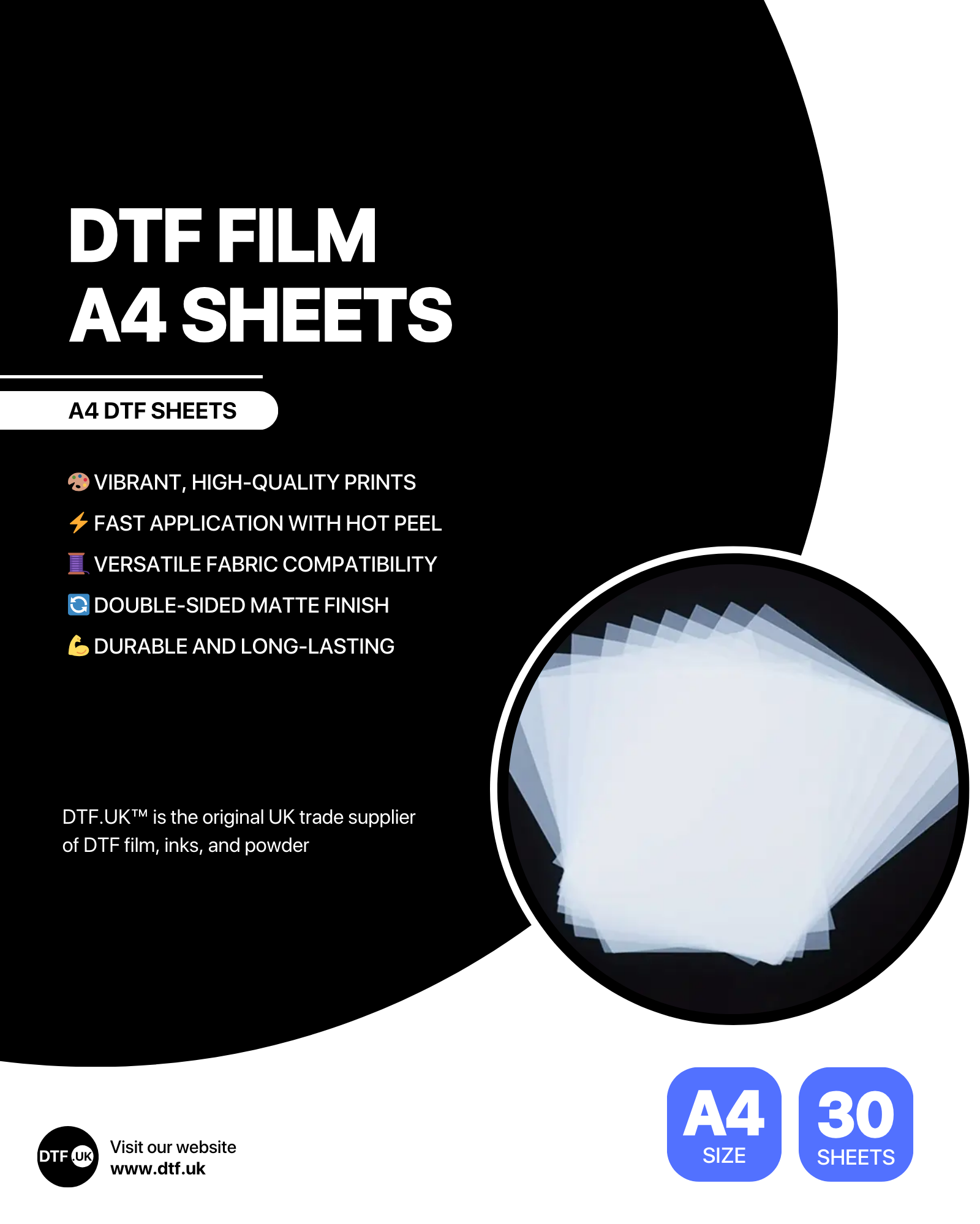 A4 DTF Film – 30 Sheets | Easy Hot Peel