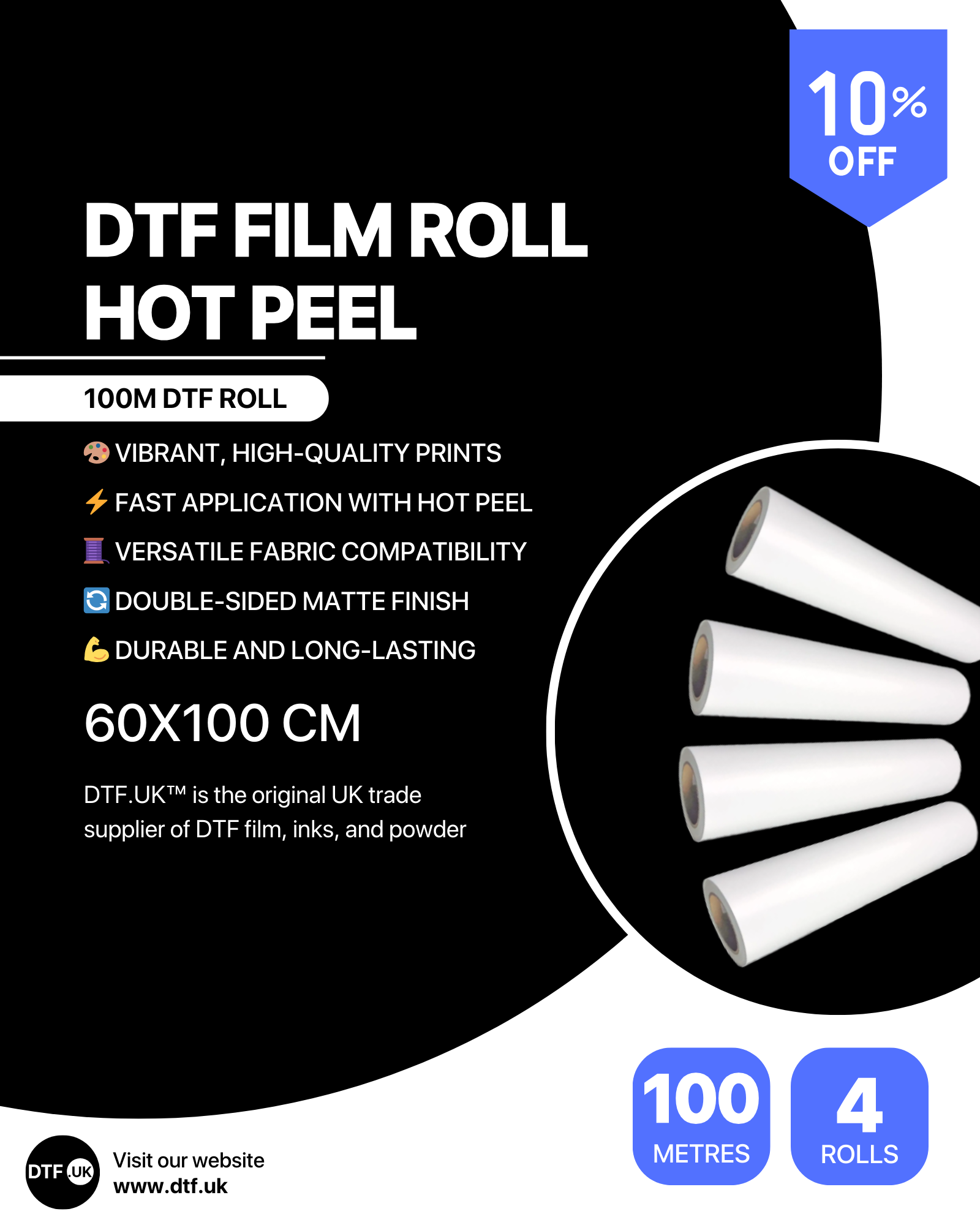 Bundle of 4 DTF Film Rolls – Hot Peel | 60 × 100 cm