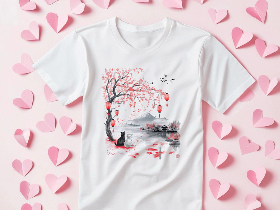 Japanese Cat Lover T-Shirt | Vintage Japanese Art Cat Shirt | Ukiyo-e Style Landscape | Aesthetic Cat Graphic T-Shirt |