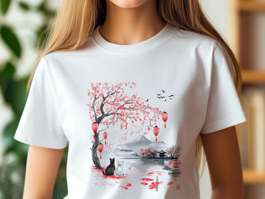 Japanese Cat Lover T-Shirt | Vintage Japanese Art Cat Shirt | Ukiyo-e Style Landscape | Aesthetic Cat Graphic T-Shirt |
