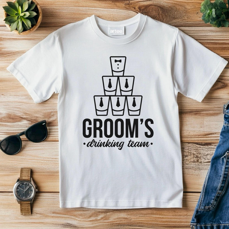 Grooms Drinking Team T-Shirt – Funny Wedding Stag Party Shirt – Bachelor Party Tee for Men – Groom Squad Drinking Shirt