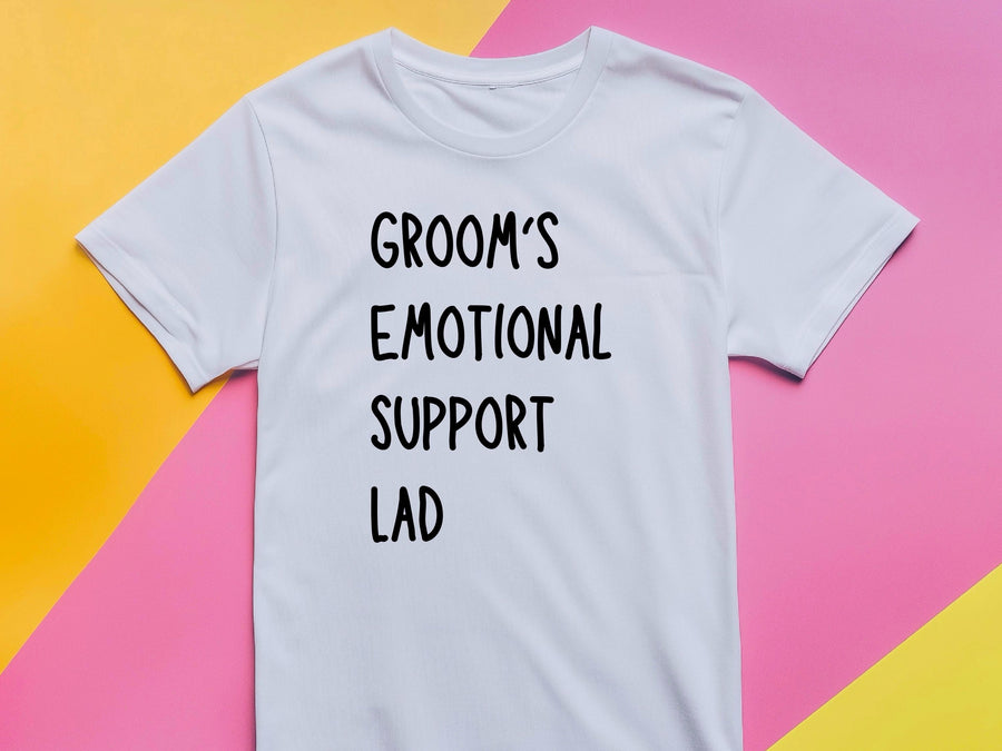 Groom’s Emotional Support Lad T-Shirt – Funny Wedding Party Tee – Groomsman Gift – Stag Bachelor Party Shirt – Best Man