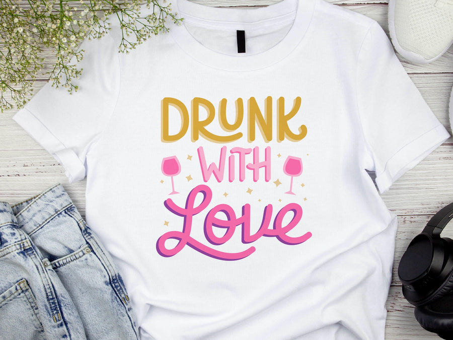 Drunk With Love T-Shirt – Funny Wedding Party Shirt – Bachelorette Drinking Tee – Matching Bridal Crew Shirt – Bride Squ