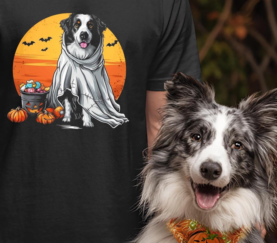 Halloween T-Shirt Border Collie Dog Halloween Shirt Pumpkin Bat Design Spooky Season Tee For Men Women & Kids