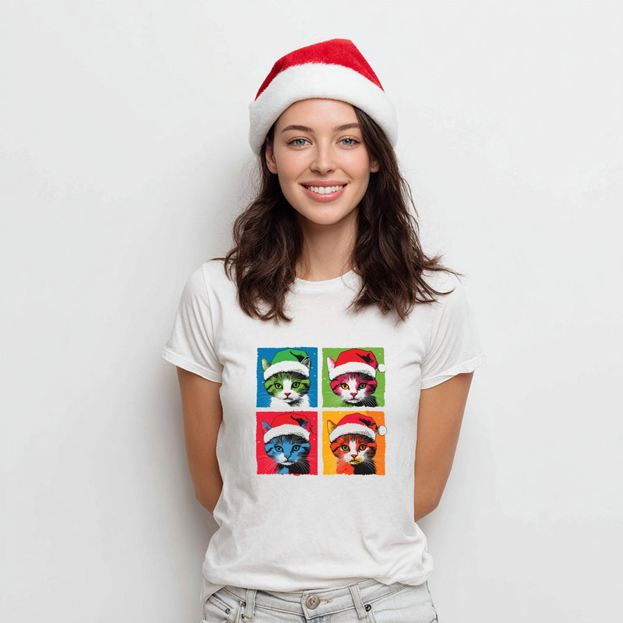Pop Art Christmas Cat Shirt – Funny Andy Warhol Style Cat Tee, Cute Holiday Cat Lover Gift, Colourful Pet Lover Xmas T-S