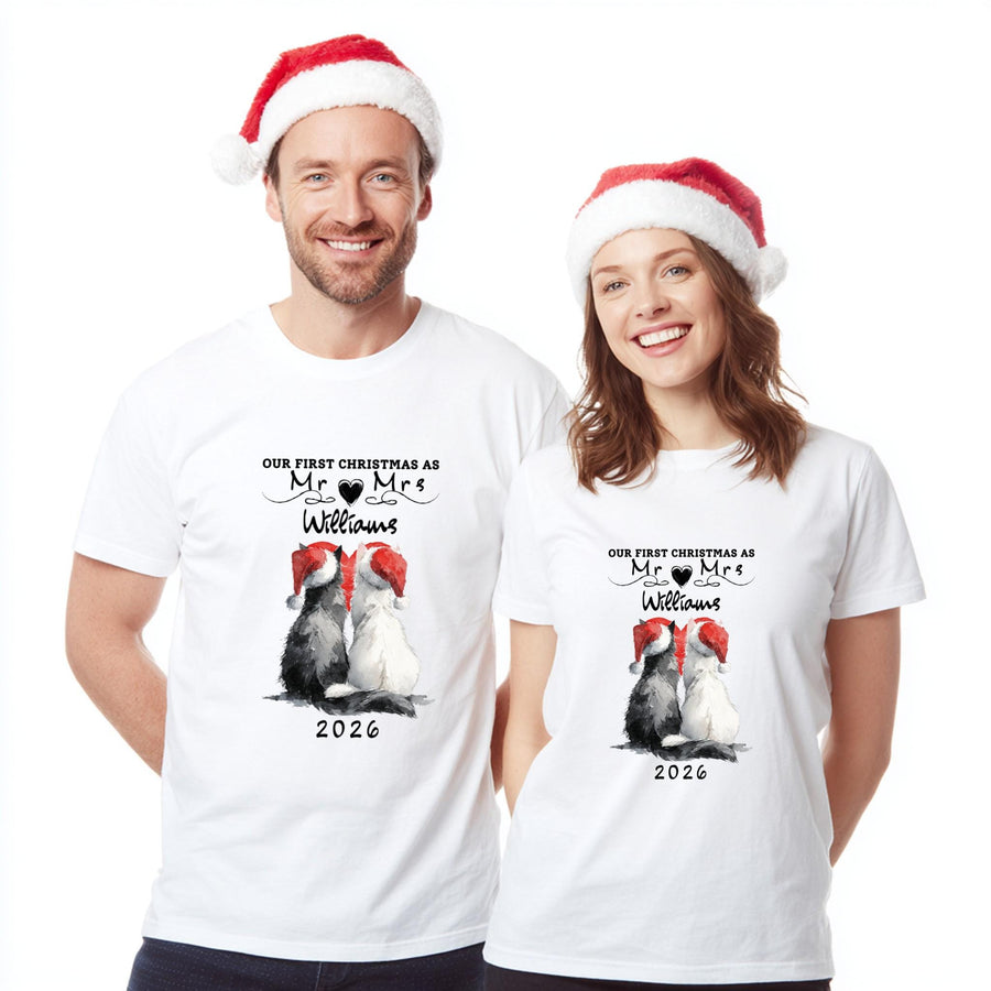 Our First Christmas Together Personalised Surname T-Shirt – Newlywed Christmas Shirt, Couple Xmas Gift, Mr & Mrs First C