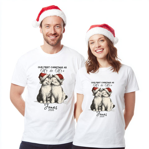 Our First Christmas Together Cat Couple T-Shirt – Personalised Surname Christmas Shirt, Cute Cat Lovers Xmas Gift for Couples