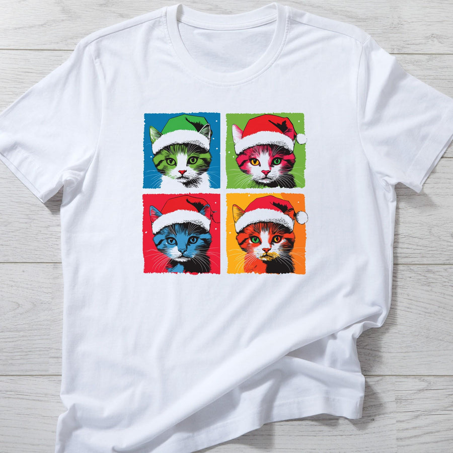Pop Art Christmas Cat Shirt – Funny Andy Warhol Style Cat Tee, Cute Holiday Cat Lover Gift, Colourful Pet Lover Xmas T-S