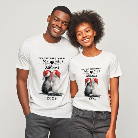 Our First Christmas Together Personalised Surname T-Shirt – Newlywed Christmas Shirt, Couple Xmas Gift, Mr & Mrs First Christmas Tee