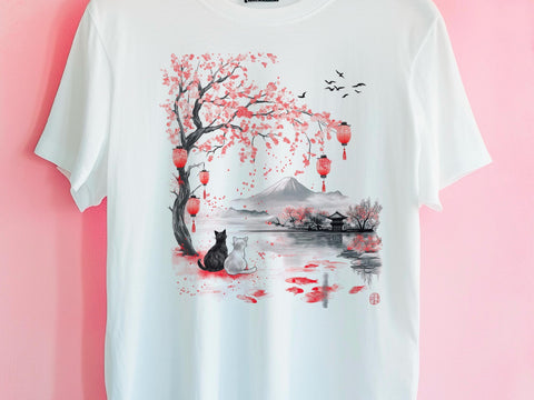 Japanese Cat Lover T-Shirt | Vintage Japanese Art Cat Shirt | Ukiyo-e Style Landscape | Aesthetic Cat Graphic T-Shirt | Gift for Cat Lovers
