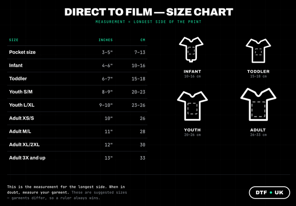 DTF transfer size chart — print sizes in inches and cm by garment, from pocket to adult 3XL, DTF.UK