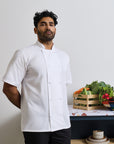 Studded front short sleeve chef's jacket