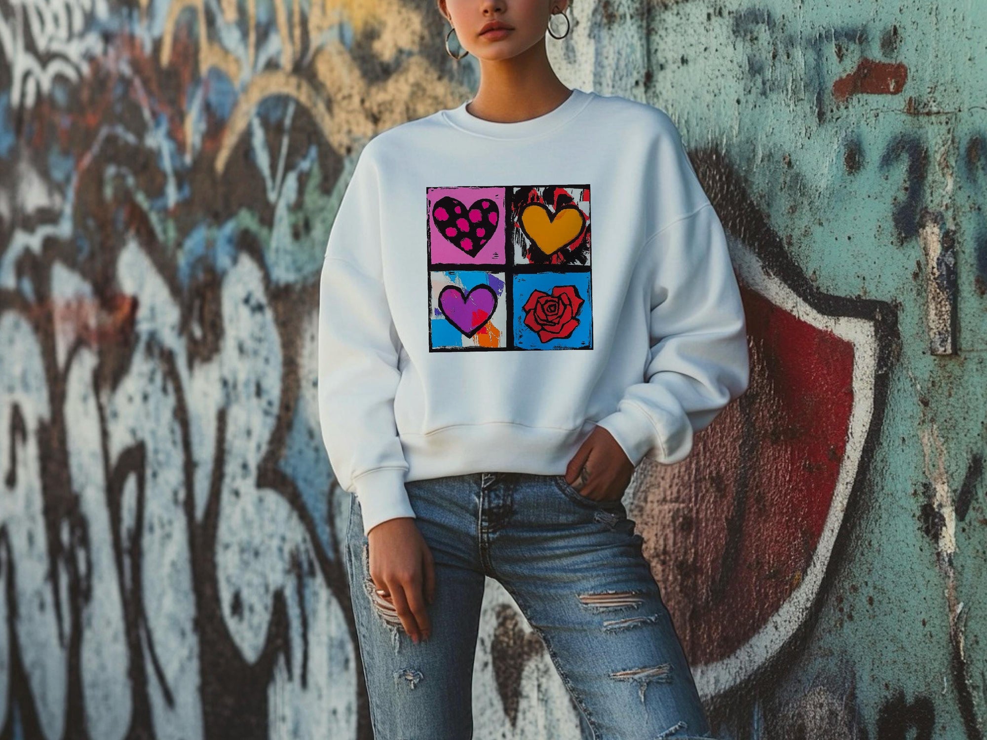 Warhol Inspired Heart & Rose Pop Art Sweatshirt - Valentine Gift
