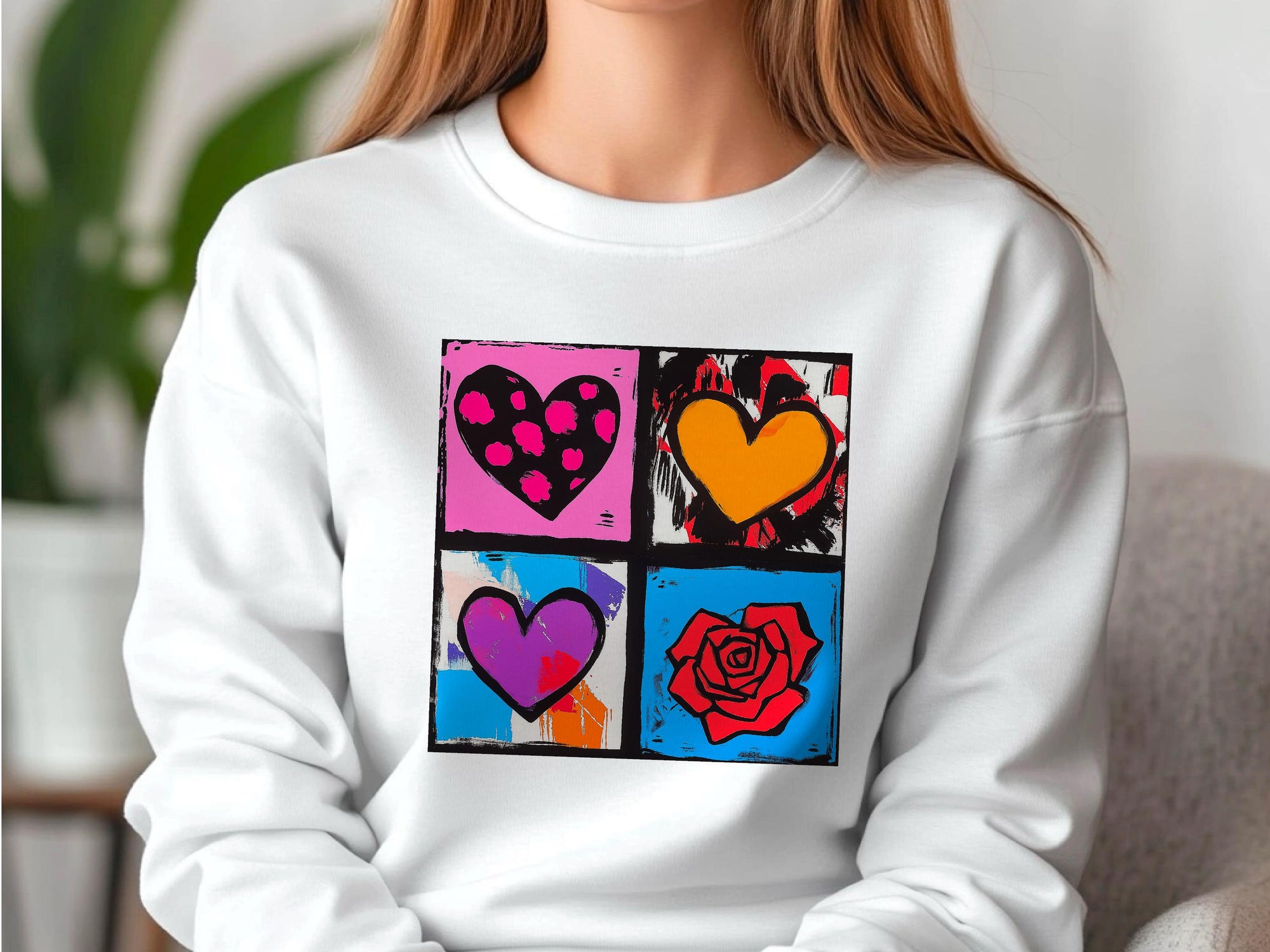 Warhol Inspired Heart & Rose Pop Art Sweatshirt - Valentine Gift
