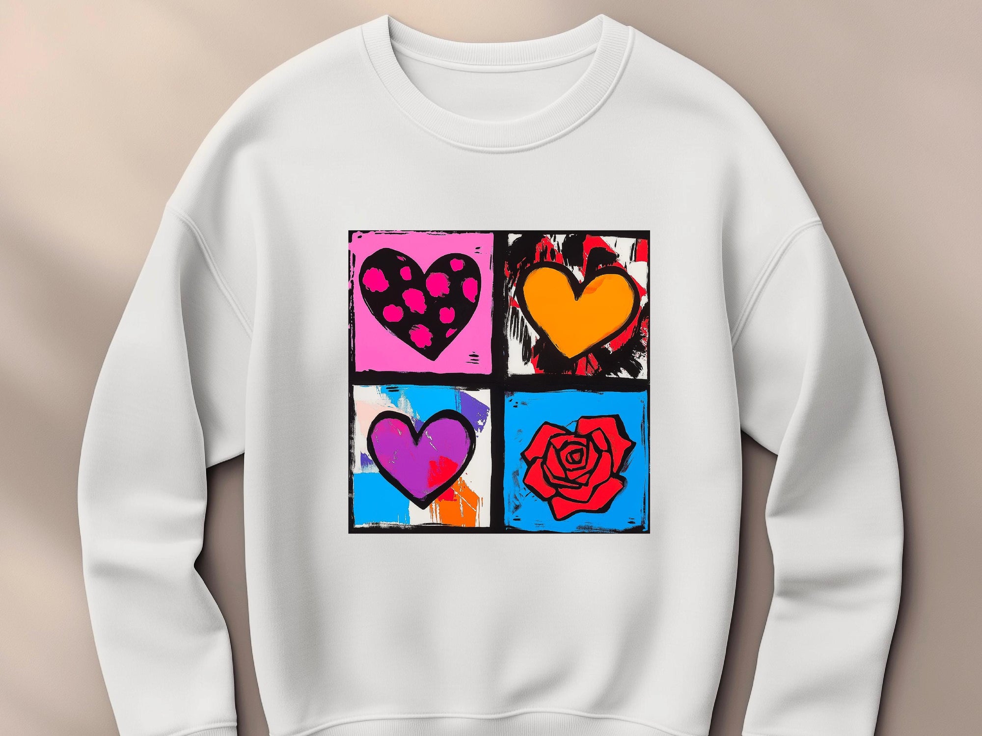 Warhol Inspired Heart & Rose Pop Art Sweatshirt - Valentine Gift