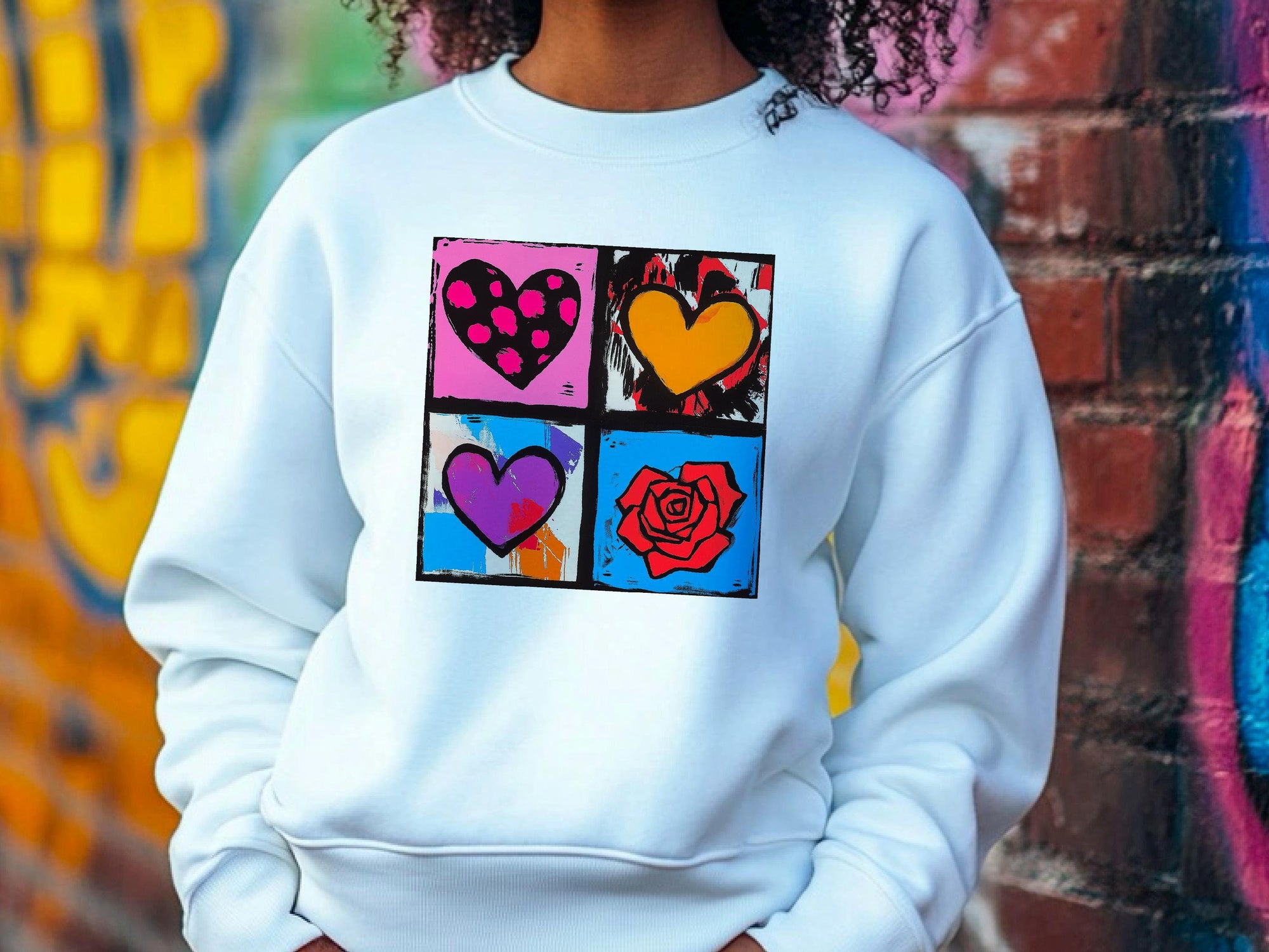 Warhol Inspired Heart & Rose Pop Art Sweatshirt - Valentine Gift