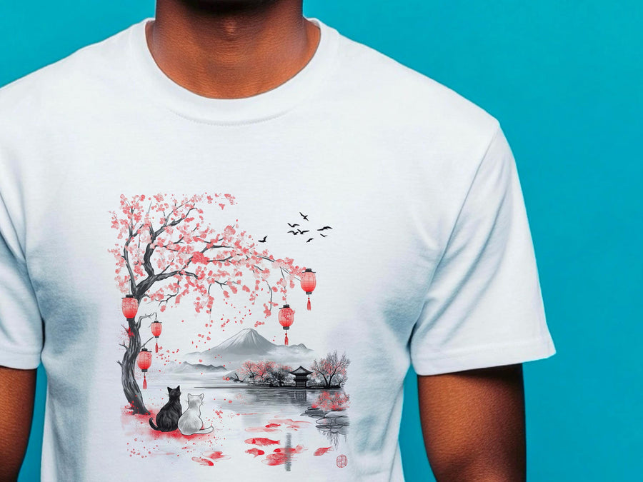 Japanese Cat Lover T-Shirt | Vintage Japanese Art Cat Shirt | Ukiyo-e Style Landscape | Aesthetic Cat Graphic T-Shirt | 