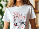 Japanese Cat Lover T-Shirt | Vintage Japanese Art Cat Shirt | Ukiyo-e Style Landscape | Aesthetic Cat Graphic T-Shirt | 