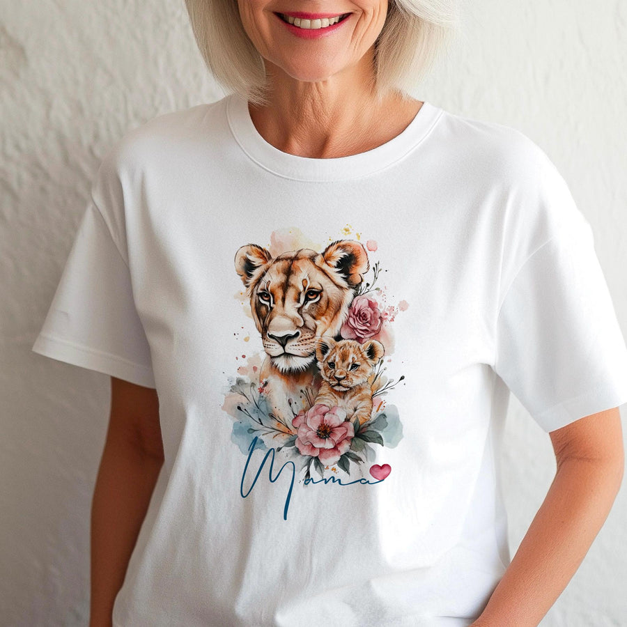Mama Lion T-Shirt - Floral Lioness & Cub Graphic Tee - Mother's Day Gift