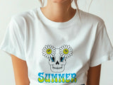 Skull with Flowers Print Tee, Women's Floral Skull Shirt, Unisex Sugar Skull Fashion T-shirt