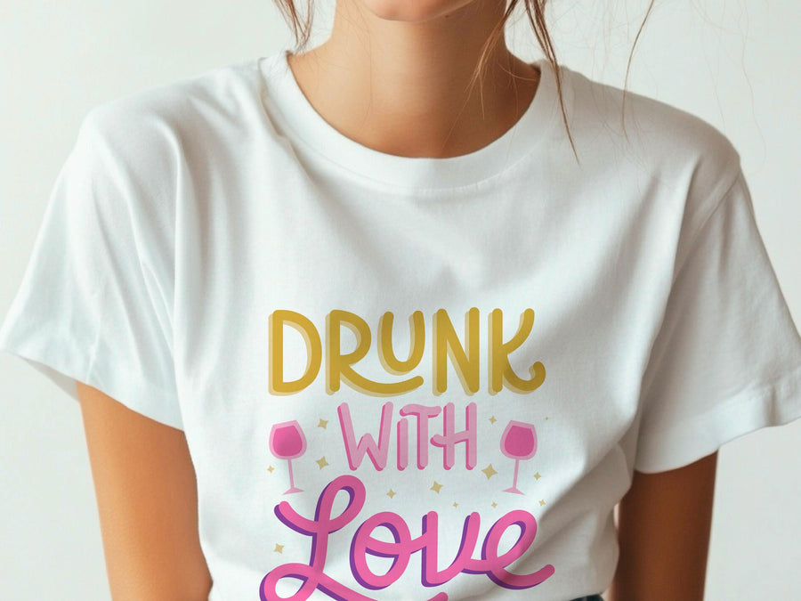 Drunk With Love T-Shirt – Funny Wedding Party Shirt – Bachelorette Drinking Tee – Matching Bridal Crew Shirt – Bride Squ