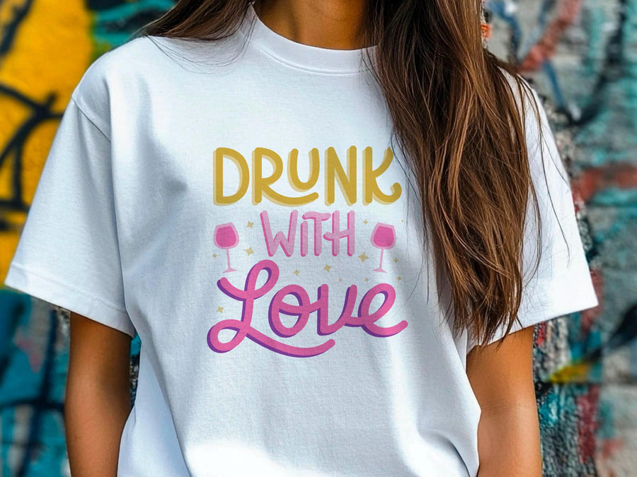 Drunk With Love T-Shirt – Funny Wedding Party Shirt – Bachelorette Drinking Tee – Matching Bridal Crew Shirt – Bride Squ