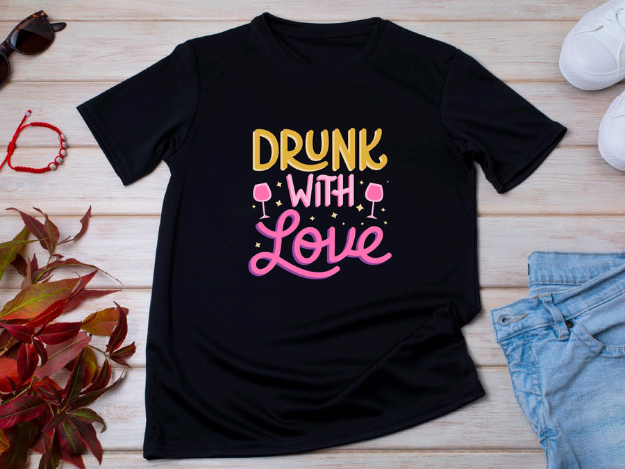 Drunk With Love T-Shirt – Funny Wedding Party Shirt – Bachelorette Drinking Tee – Matching Bridal Crew Shirt – Bride Squ