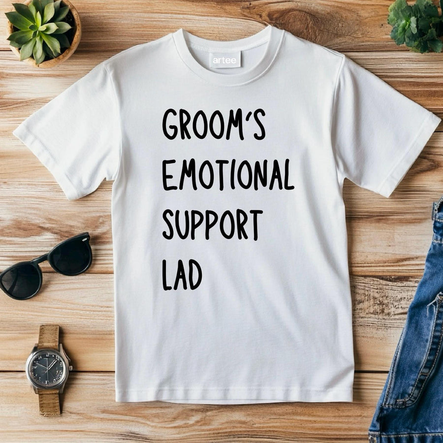 Groom’s Emotional Support Lad T-Shirt – Funny Wedding Party Tee – Groomsman Gift – Stag Bachelor Party Shirt – Best Man 