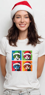 Pop Art Christmas Cat Shirt – Funny Andy Warhol Style Cat Tee, Cute Holiday Cat Lover Gift, Colourful Pet Lover Xmas T-S