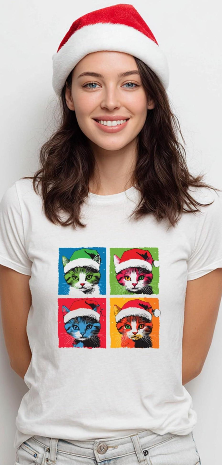 Pop Art Christmas Cat Shirt – Funny Andy Warhol Style Cat Tee, Cute Holiday Cat Lover Gift, Colourful Pet Lover Xmas T-S