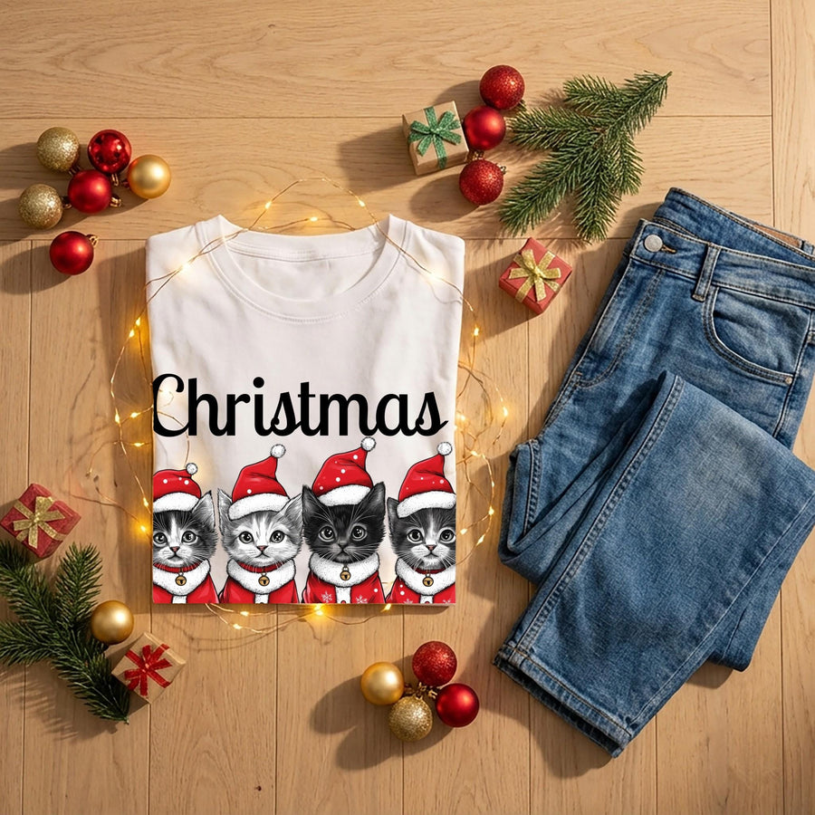 Cat Christmas Shirt – Meowy Christmas Cat Lover T-Shirt, Cute Cat Mom Xmas Gift, Holiday Catmas T-shirt, Festive Christm