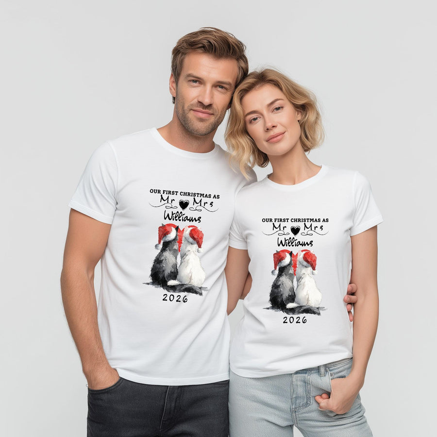 Our First Christmas Together Personalised Surname T-Shirt – Newlywed Christmas Shirt, Couple Xmas Gift, Mr & Mrs First C