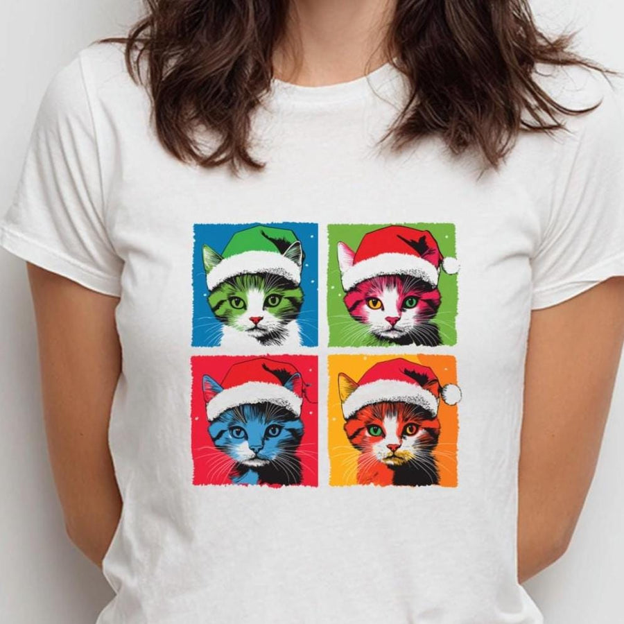Pop Art Christmas Cat Shirt – Funny Andy Warhol Style Cat Tee, Cute Holiday Cat Lover Gift, Colourful Pet Lover Xmas T-S