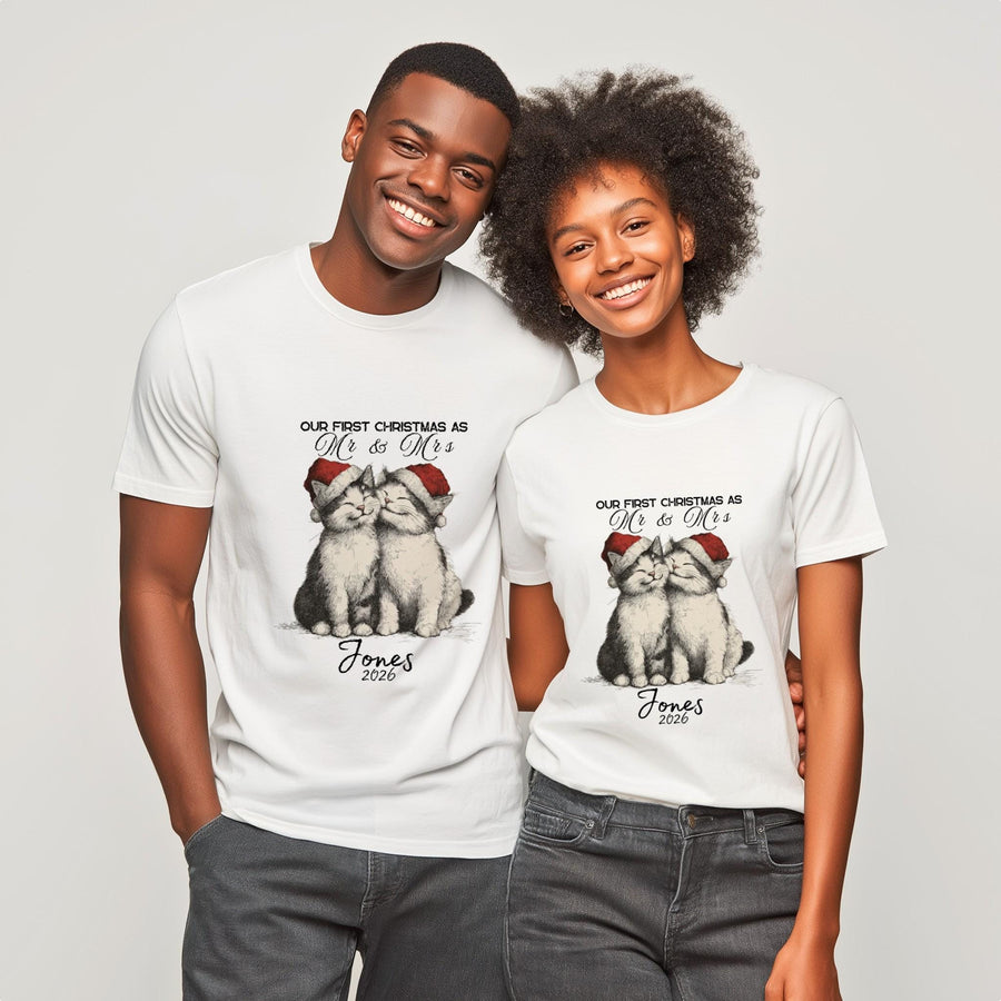 Our First Christmas Together Cat Couple T-Shirt – Personalised Surname Christmas Shirt, Cute Cat Lovers Xmas Gift for Co