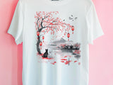 Japanese Cat Lover T-Shirt | Vintage Japanese Art Cat Shirt | Ukiyo-e Style Landscape | Aesthetic Cat Graphic T-Shirt | 