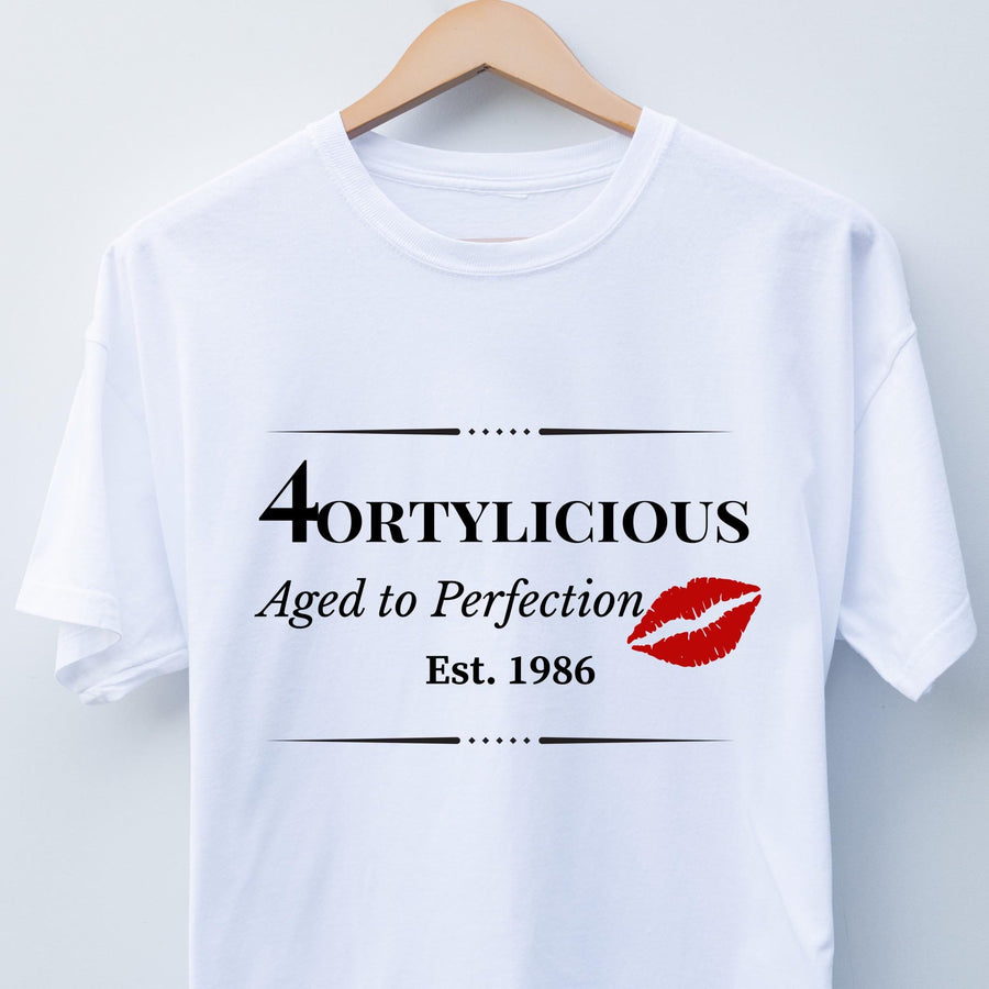 Fortylicious 40th Birthday T-Shirt, Aged to Perfection, Est 1986