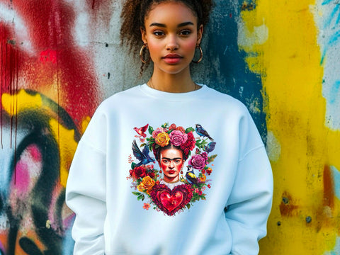 Frida Kahlo Art Sweatshirt | Unique Valentines Gift for Her | Women's Love for Valentine's Day | Frida Inspired Art | Floral Heart Jumper
