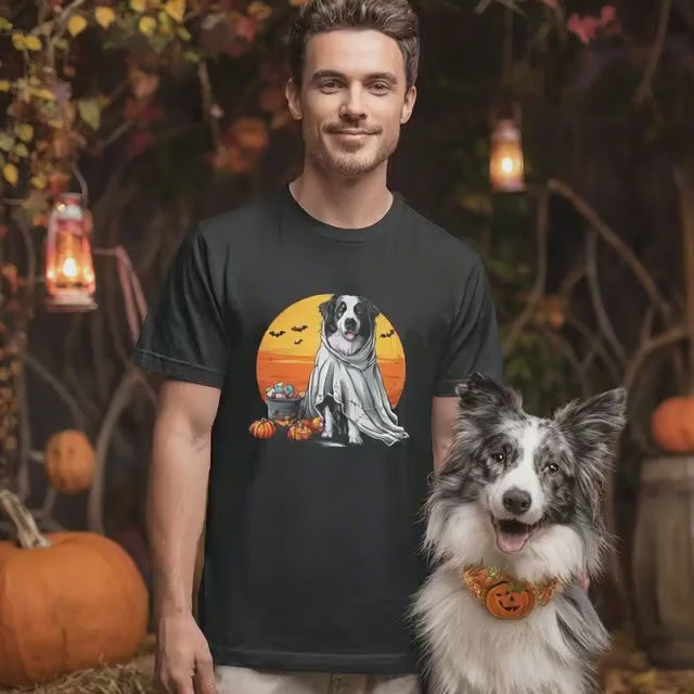 Halloween T-Shirt Border Collie Dog Halloween Shirt Pumpkin Bat Design Spooky Season Tee For Men Women & Kids
