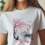 Japanese Cat Lover T-Shirt | Vintage Japanese Art Cat Shirt | Ukiyo-e Style Landscape | Aesthetic Cat Graphic T-Shirt | 