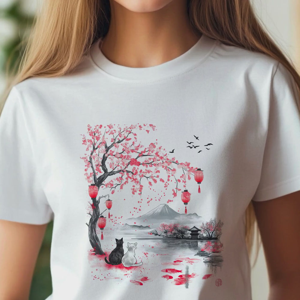 Japanese Cat Lover T-Shirt | Vintage Japanese Art Cat Shirt | Ukiyo-e Style Landscape | Aesthetic Cat Graphic T-Shirt | 