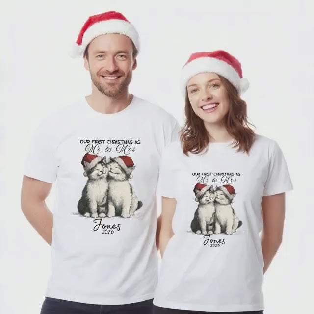 Our First Christmas Together Cat Couple T-Shirt – Personalised Surname Christmas Shirt, Cute Cat Lovers Xmas Gift for Co
